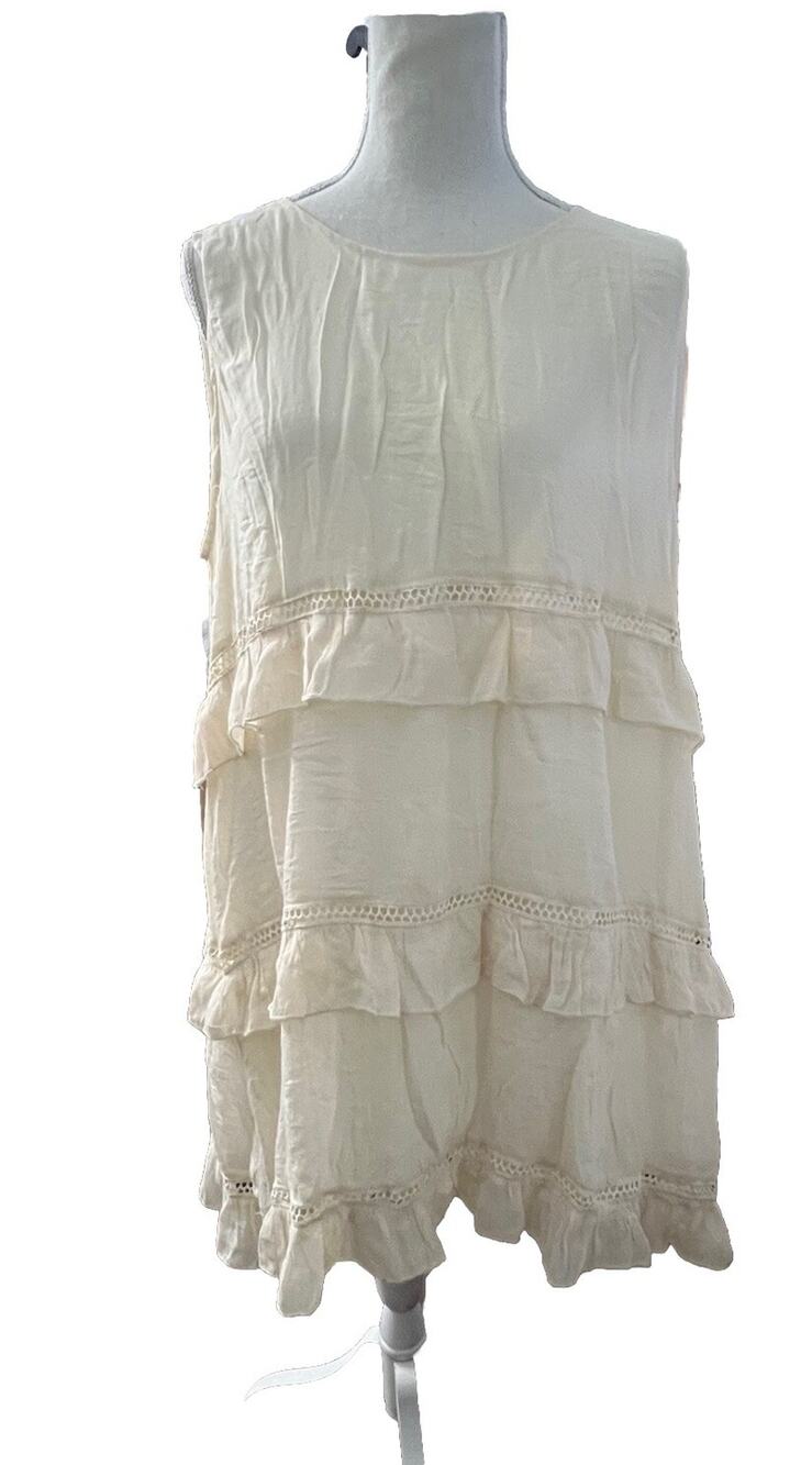 Paisley Vine Mini Dress Womens Size XL Ivory Ruffle Sleeveless Bohemian New